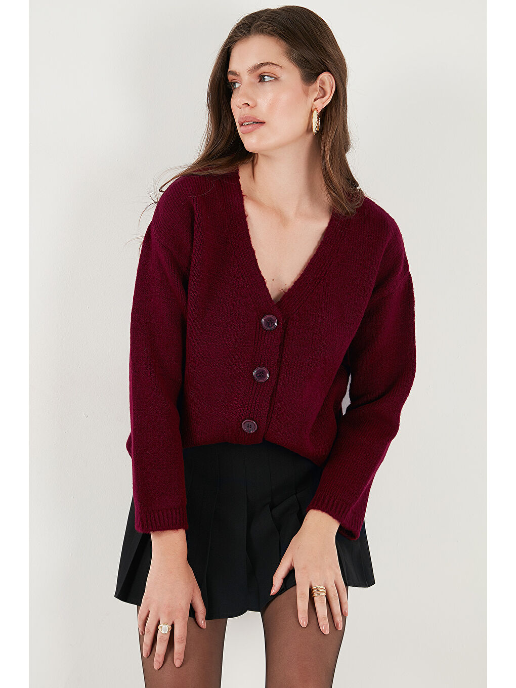 Bordo Regular Fit V Yaka Düğmeli Triko Hırka 4616229-4