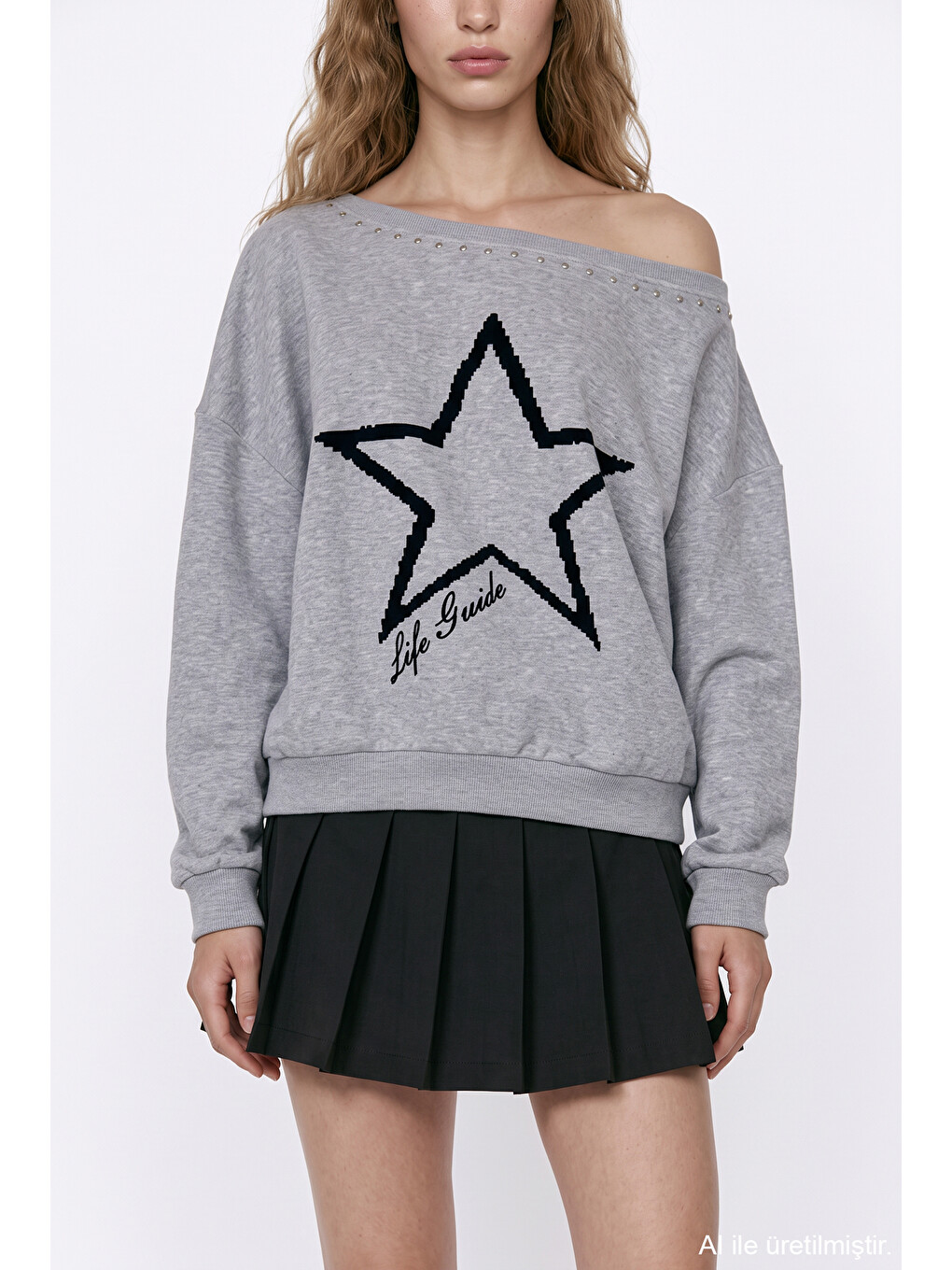 Kayık Yaka Yıldız Baskılı Sweatshirt Grimelanj-2