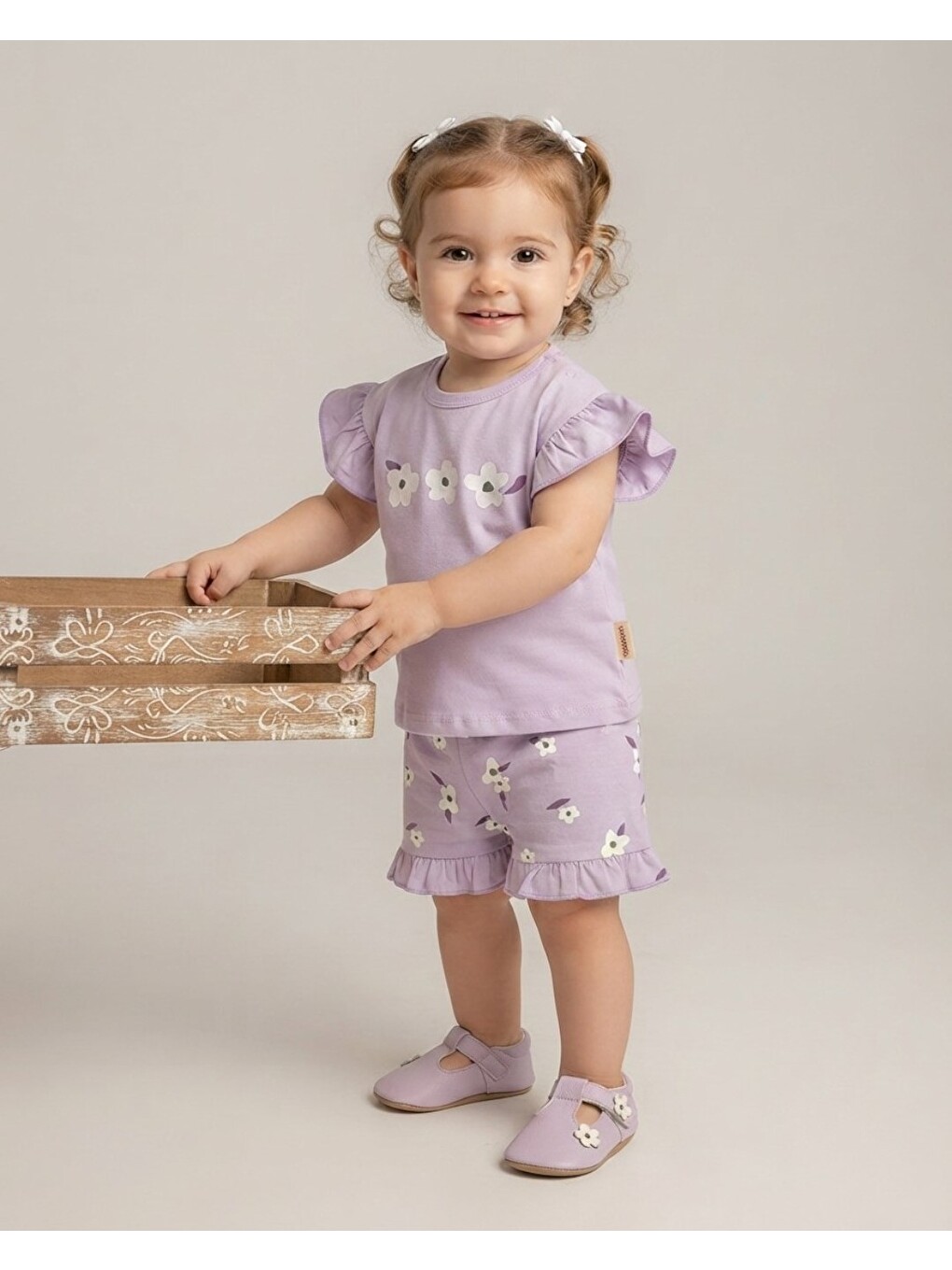 Lila Kız Bebek Yazlık Çiçek Baskılı Şortlu T-shirtlü 2'li Alt Üst Takım-1
