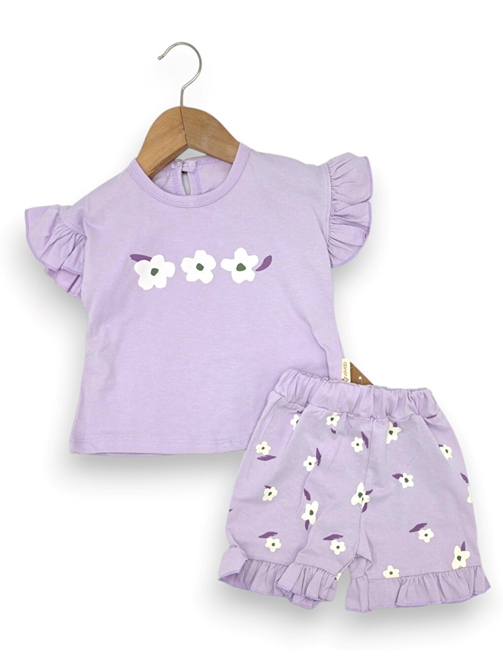 Lila Kız Bebek Yazlık Çiçek Baskılı Şortlu T-shirtlü 2'li Alt Üst Takım-2