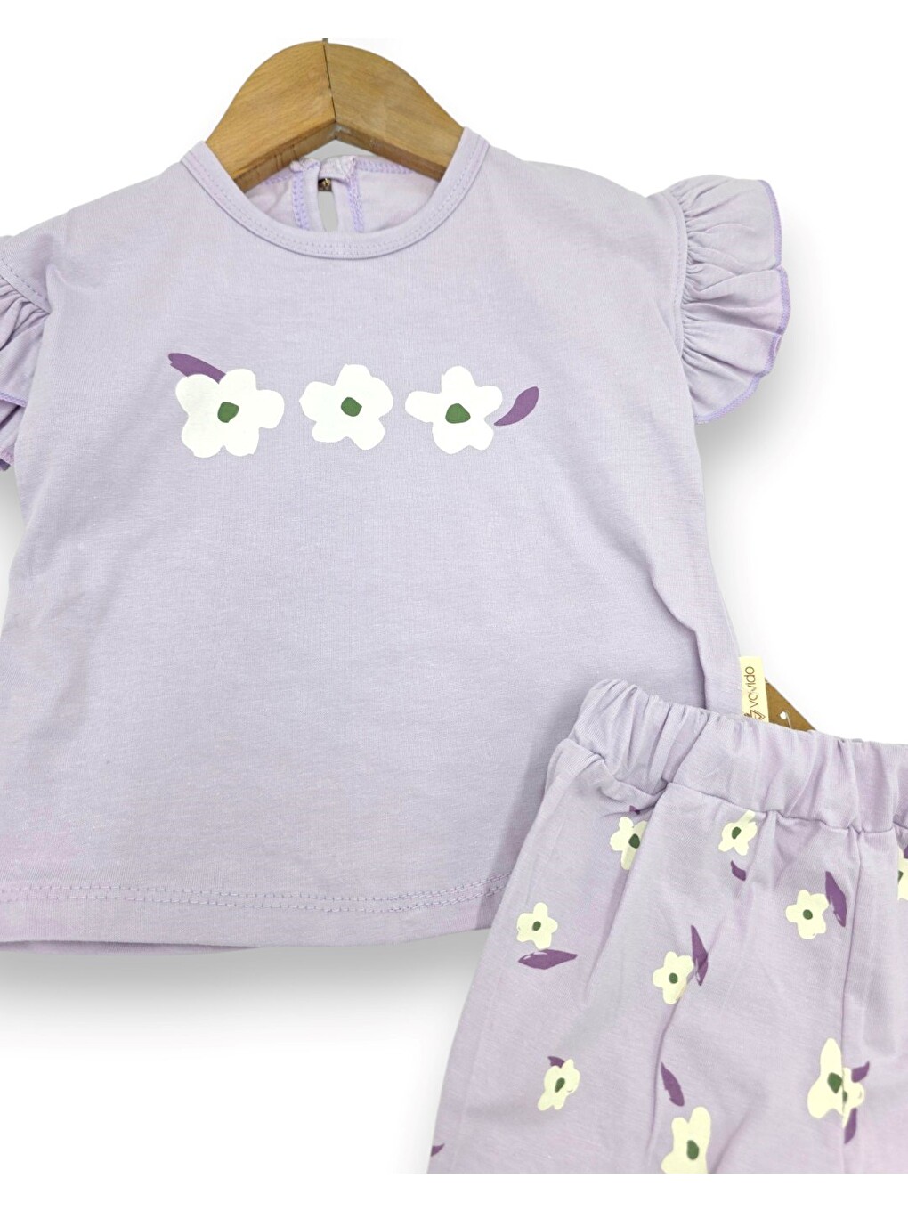 Lila Kız Bebek Yazlık Çiçek Baskılı Şortlu T-shirtlü 2'li Alt Üst Takım-4