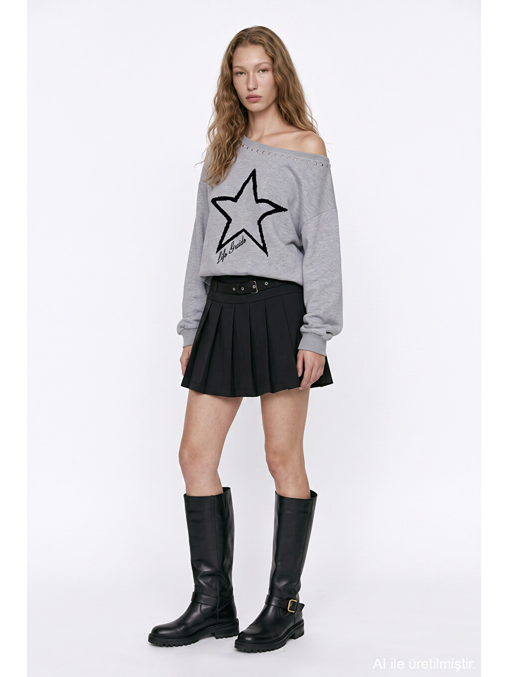 Kayık Yaka Yıldız Baskılı Sweatshirt Grimelanj-3