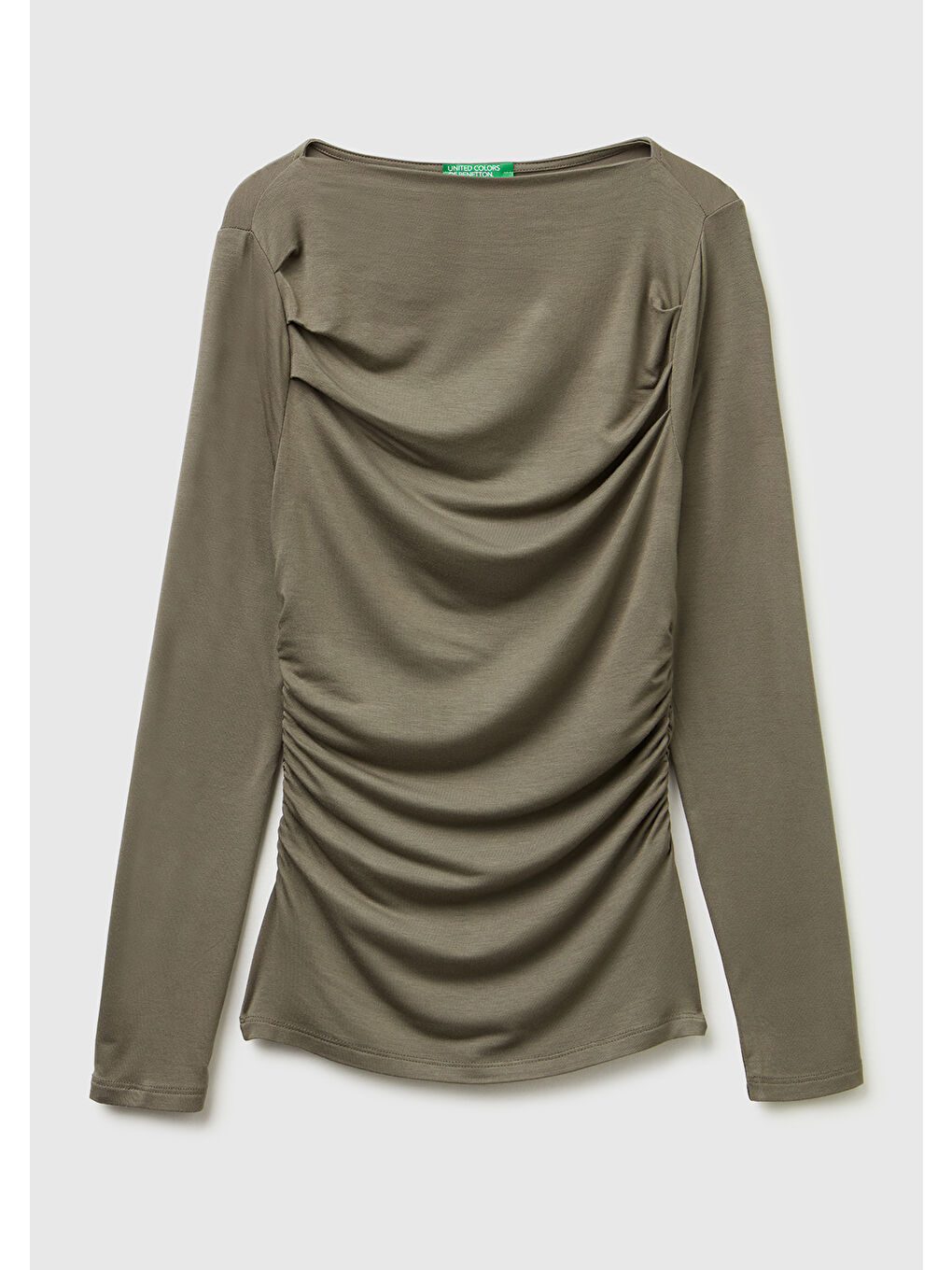 Kadın Haki Modal Karışımlı Slim Fit Kayık Yaka Uzun Kollu T-Shirt-1