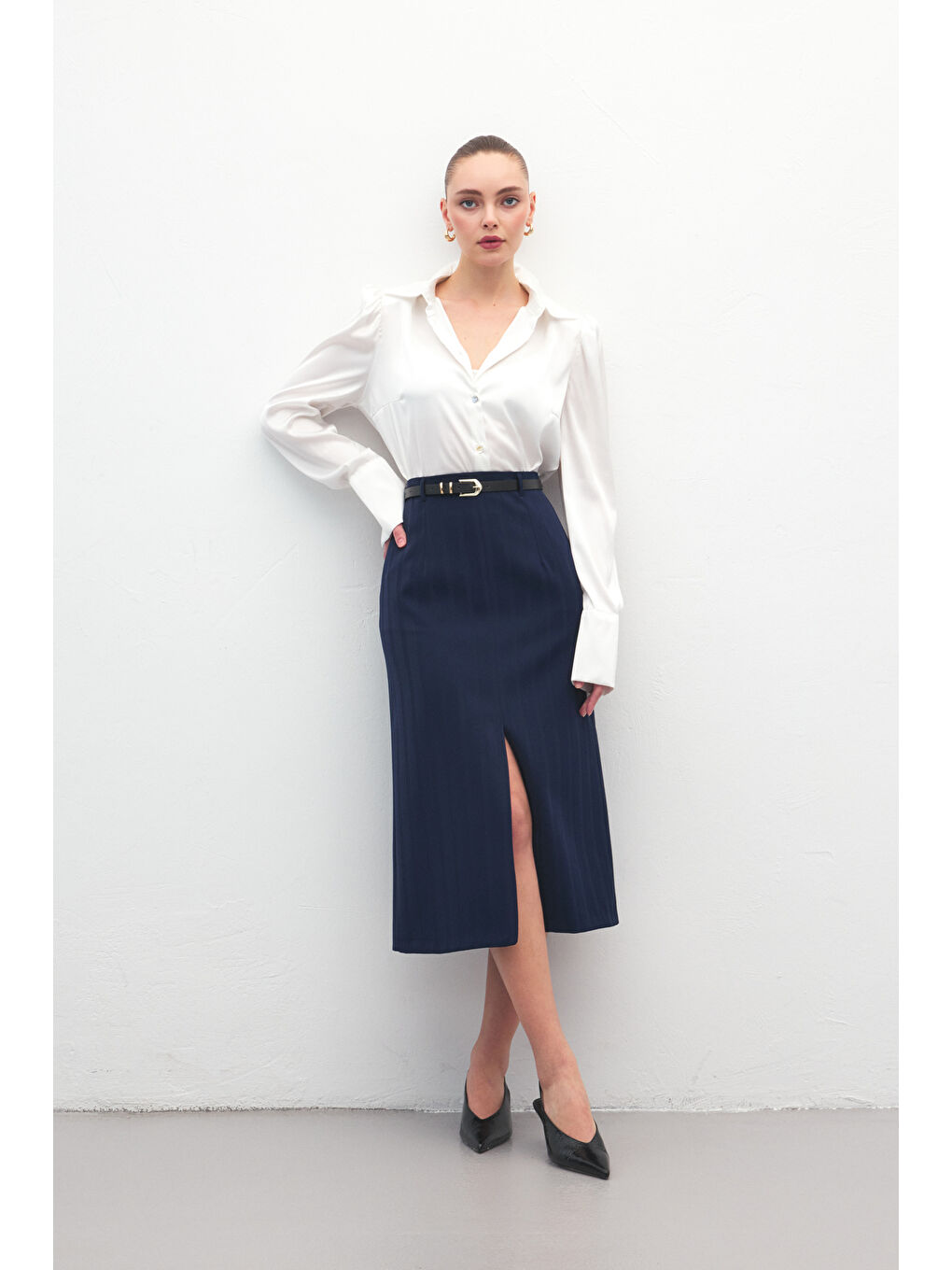 Anna Yırtmaçlı Etek - Lacivert-4