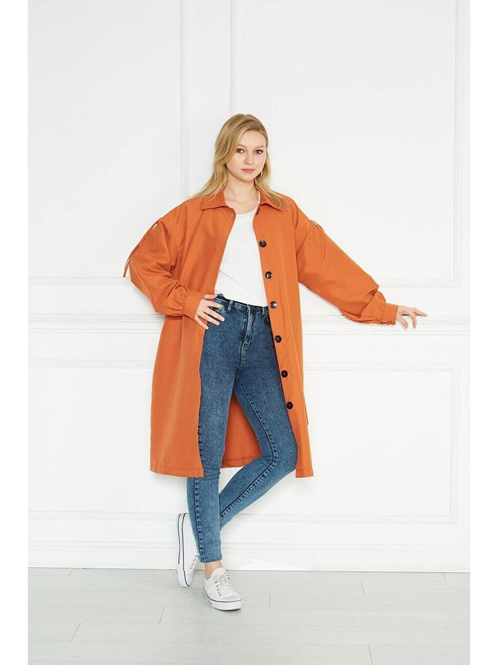 Kahverengi Kadın Astarsız Trençkot Owersize Ince Gabardin Düğmeli