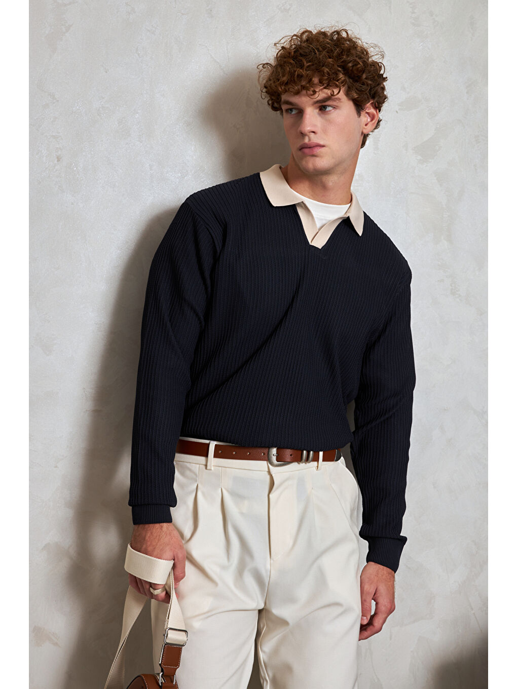 Lacivert Erkek Polo Yaka Nopeli Oversize Triko Kazak