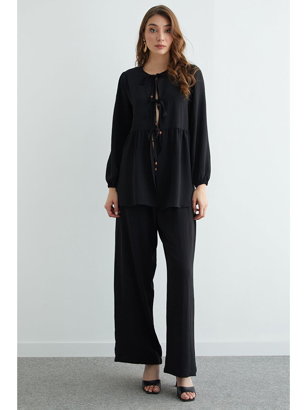 Siyah Fullamodest Önü Bağlamalı Ayrobin Kimono 2 Li Takım-1