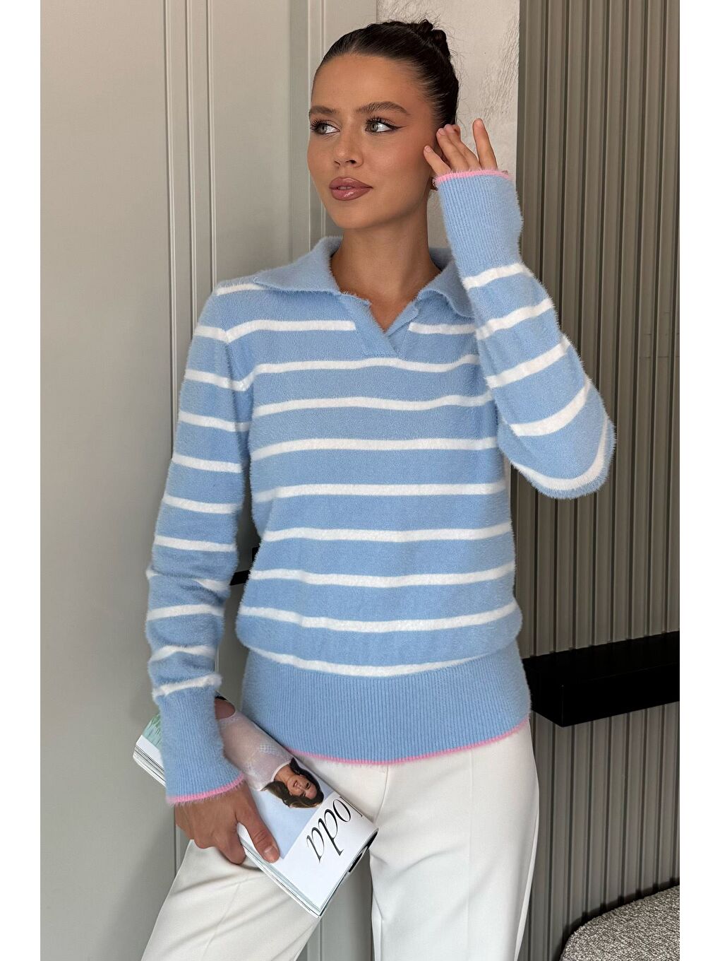 Mavi Kadın Polo Yaka Çizgi Desenli Sakallı Triko Kazak (s-m-l-xl Beden Uyumludur.)