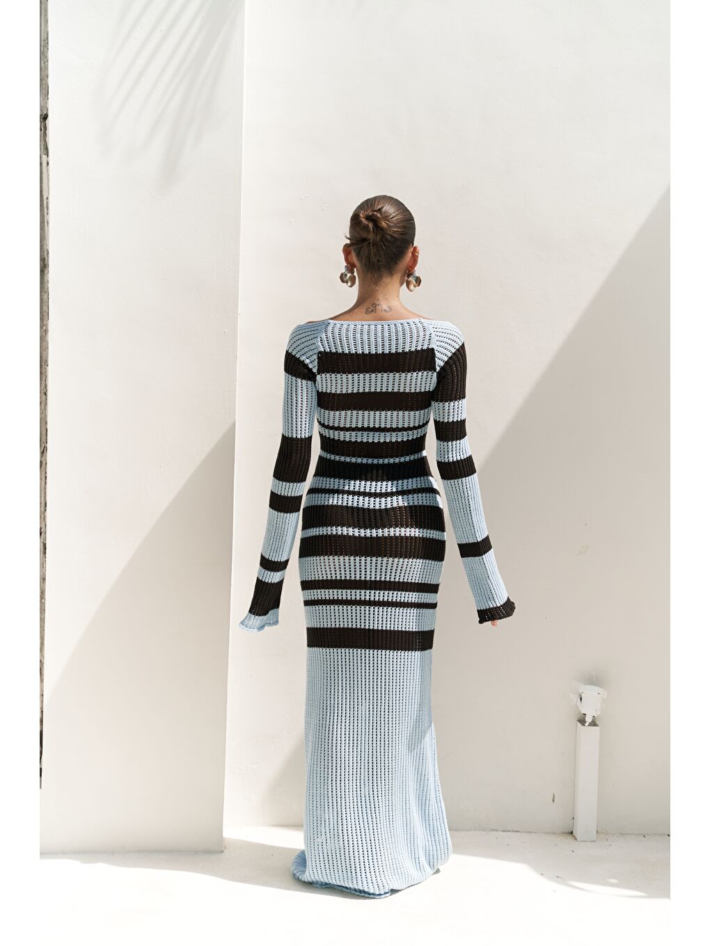 Wora Çizgili Triko Mavi Uzun Elbise-2