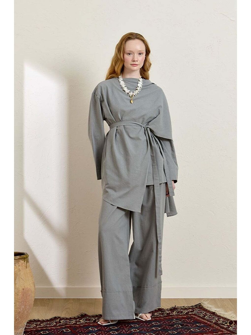 Gri Organik Keten Double Paça Pantolon-1