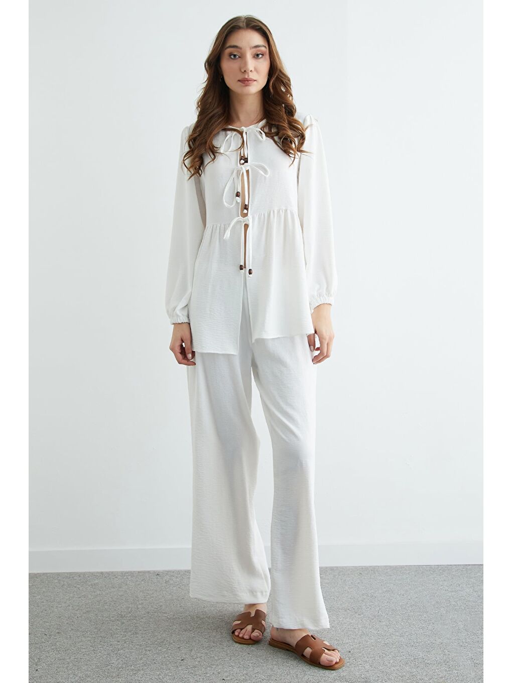 Beyaz Fullamodest Önü Bağlamalı Ayrobin Kimono 2 Li Takım-1