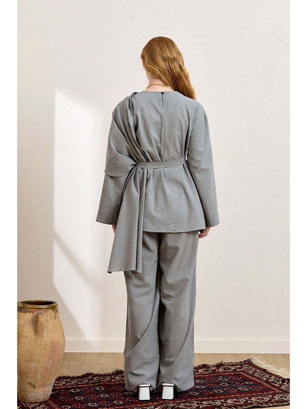 Gri Organik Keten Double Paça Pantolon-2