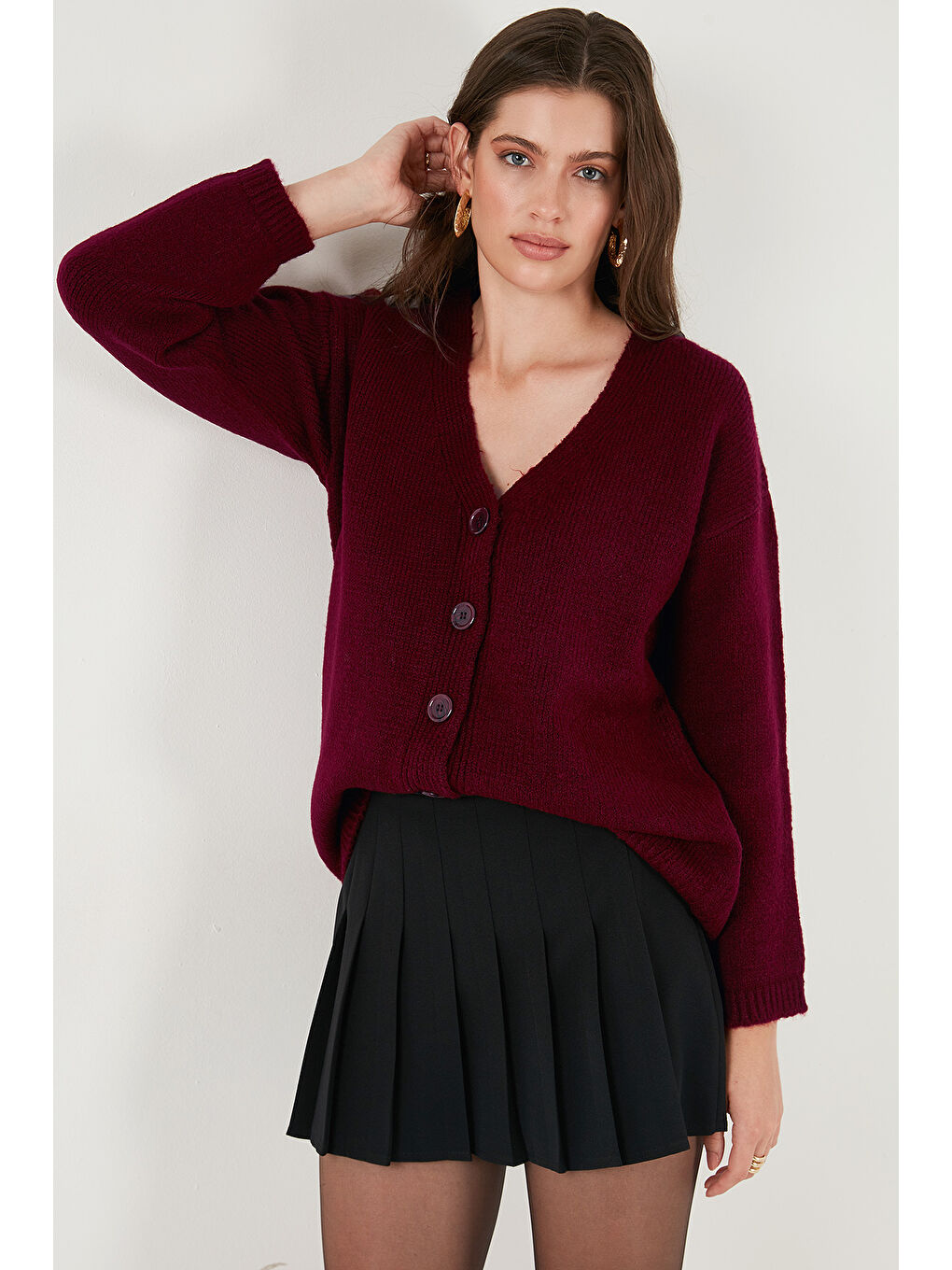 Bordo Regular Fit V Yaka Düğmeli Triko Hırka 4616229-5