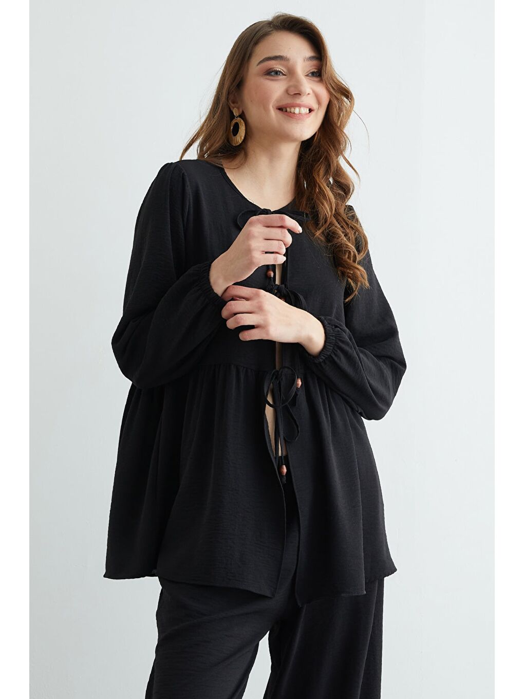 Siyah Fullamodest Önü Bağlamalı Ayrobin Kimono 2 Li Takım-2