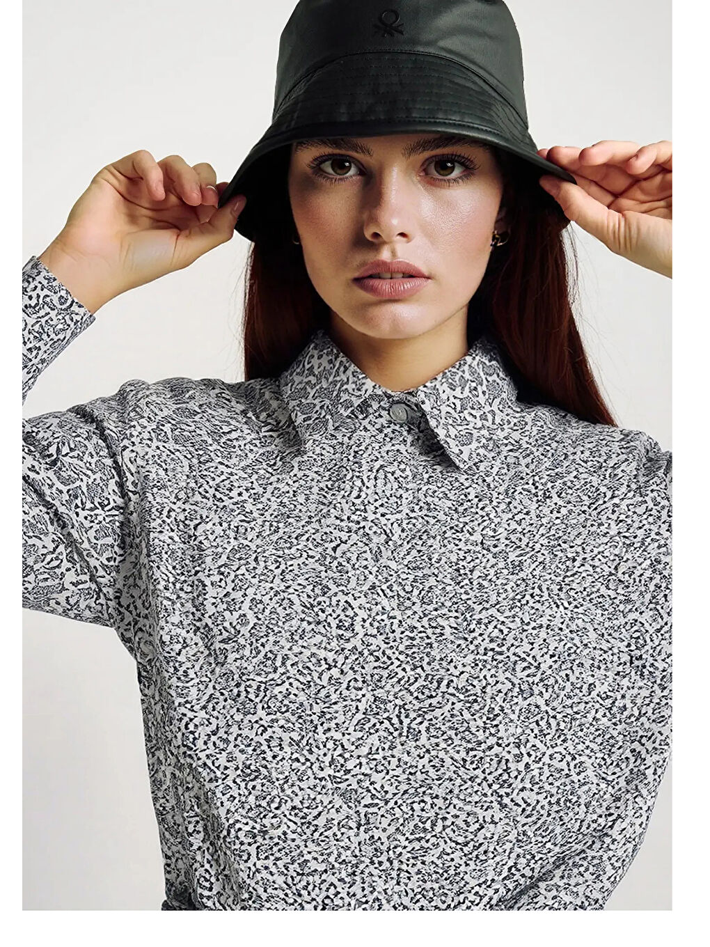 Kadın Gri Desenli %100 Pamuk Desenli Regular Fit Gömlek-5