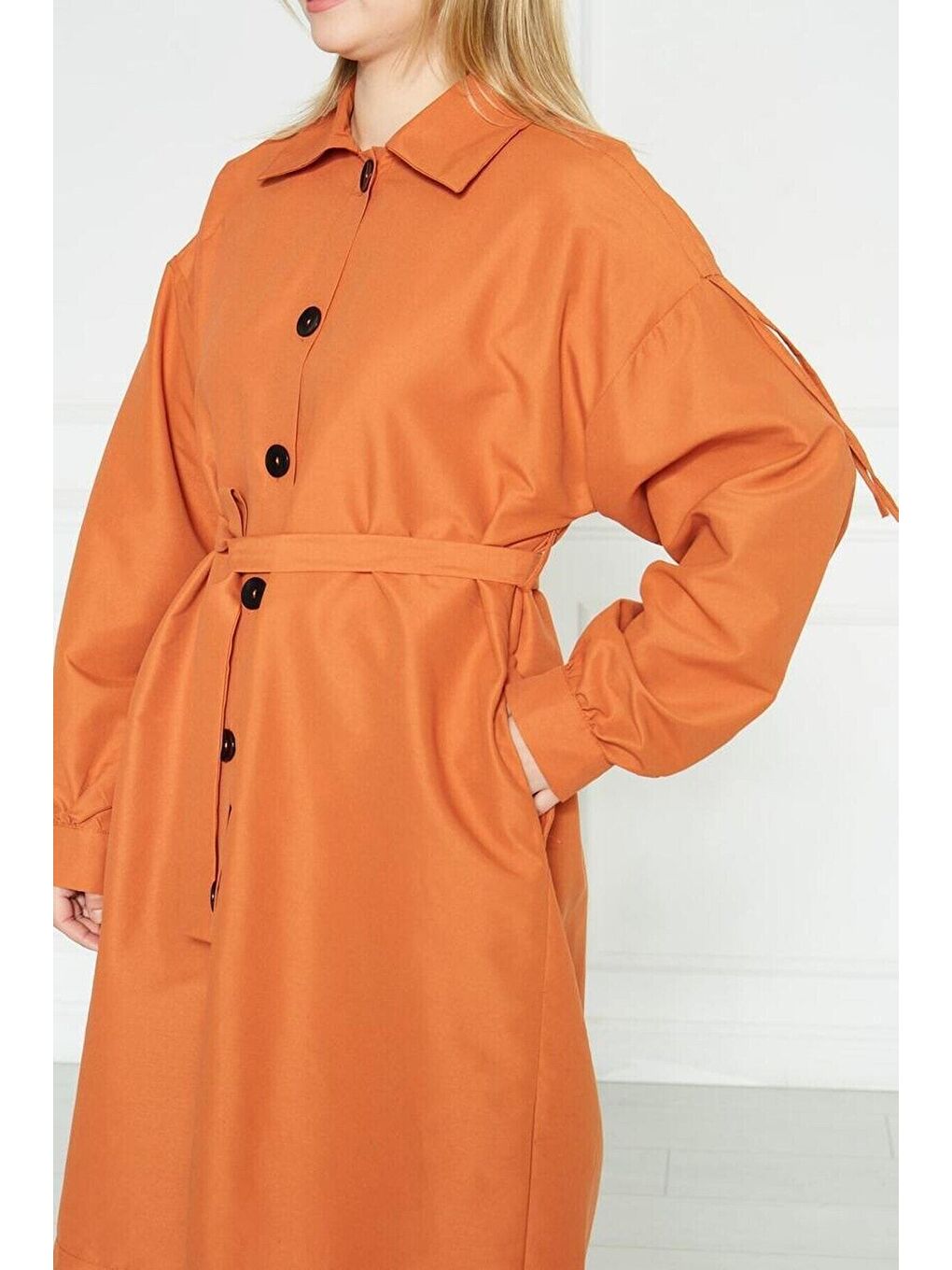 Kahverengi Kadın Astarsız Trençkot Owersize Ince Gabardin Düğmeli-1