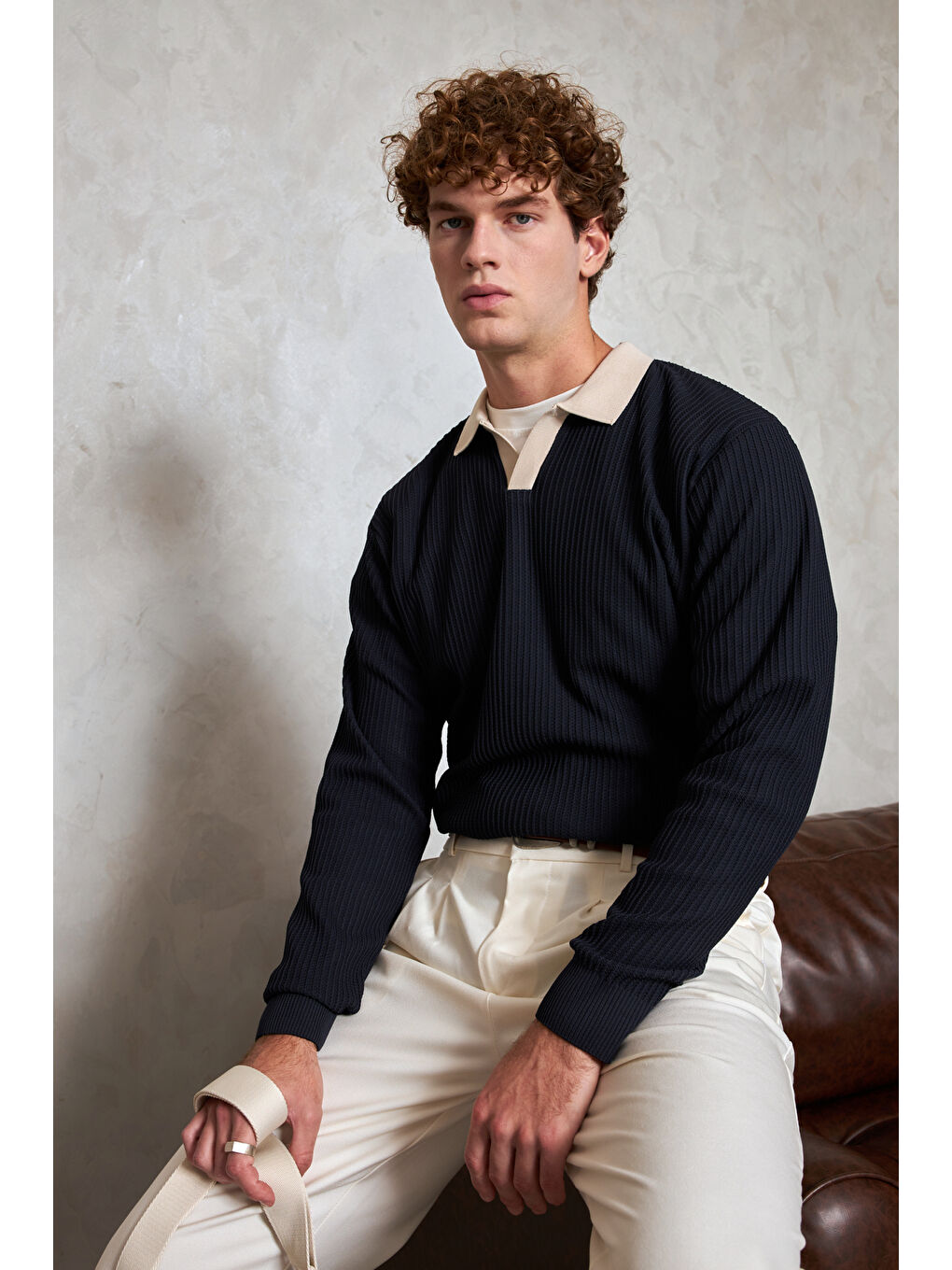 Lacivert Erkek Polo Yaka Nopeli Oversize Triko Kazak-1