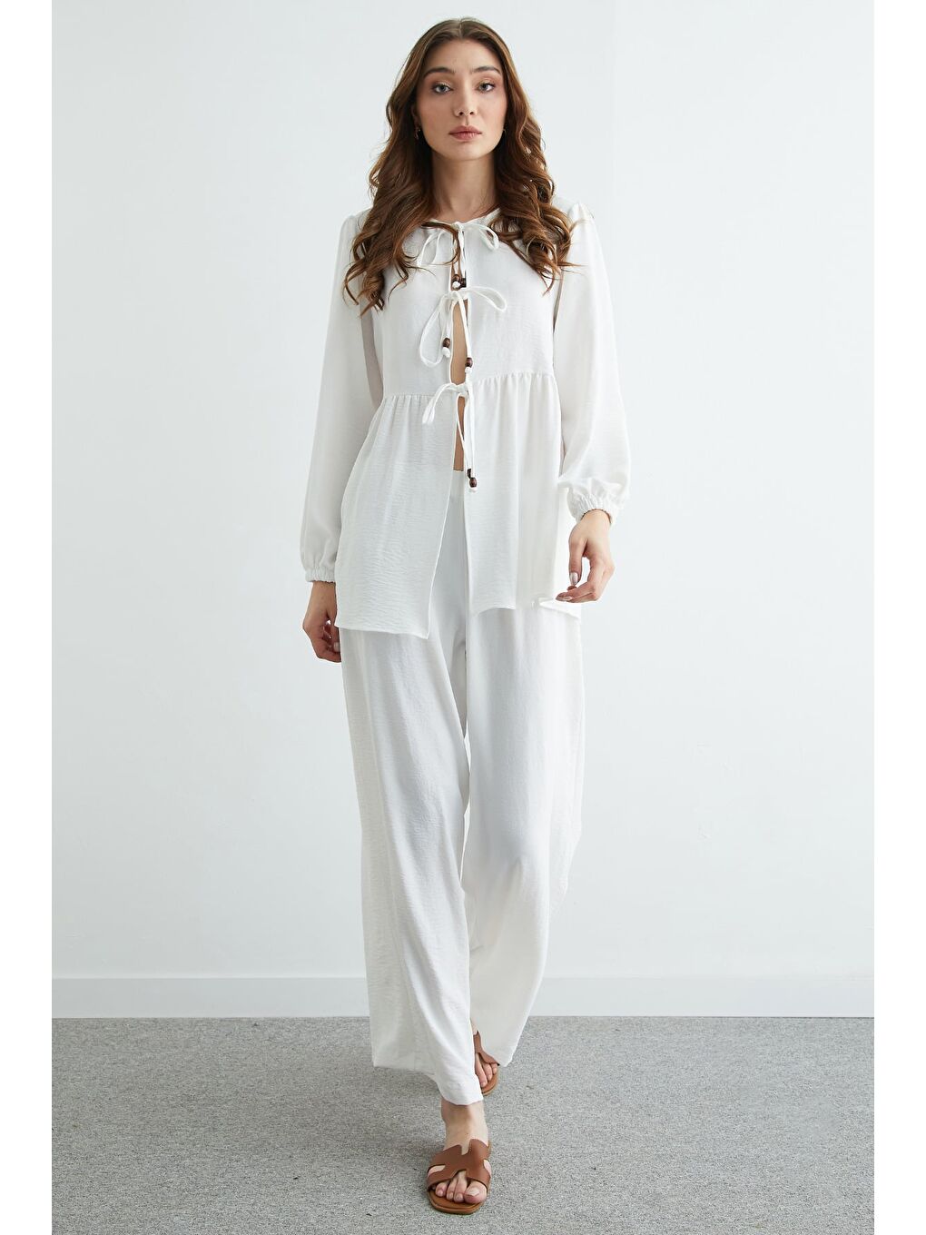 Beyaz Fullamodest Önü Bağlamalı Ayrobin Kimono 2 Li Takım-2