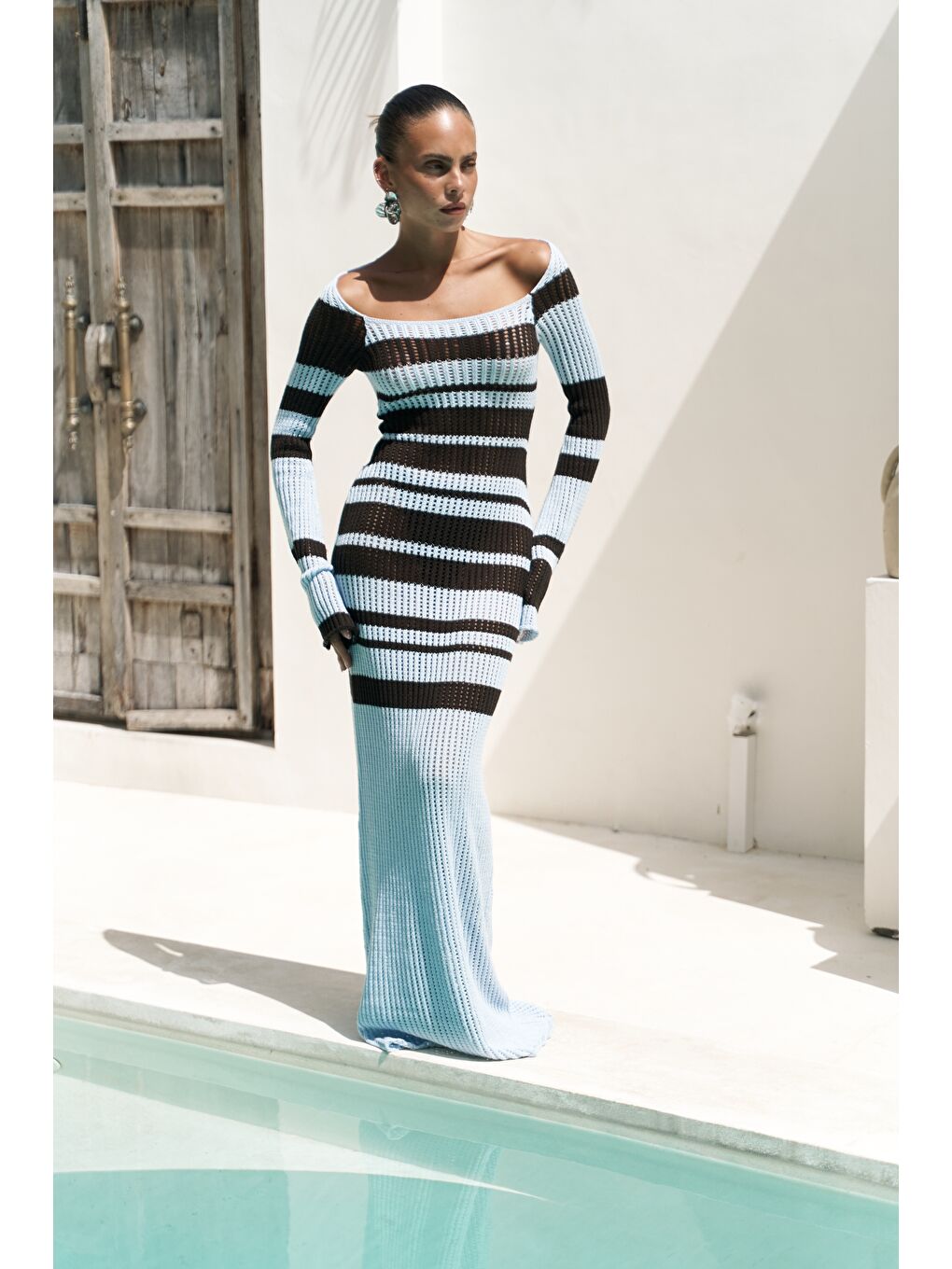 Wora Çizgili Triko Mavi Uzun Elbise-4