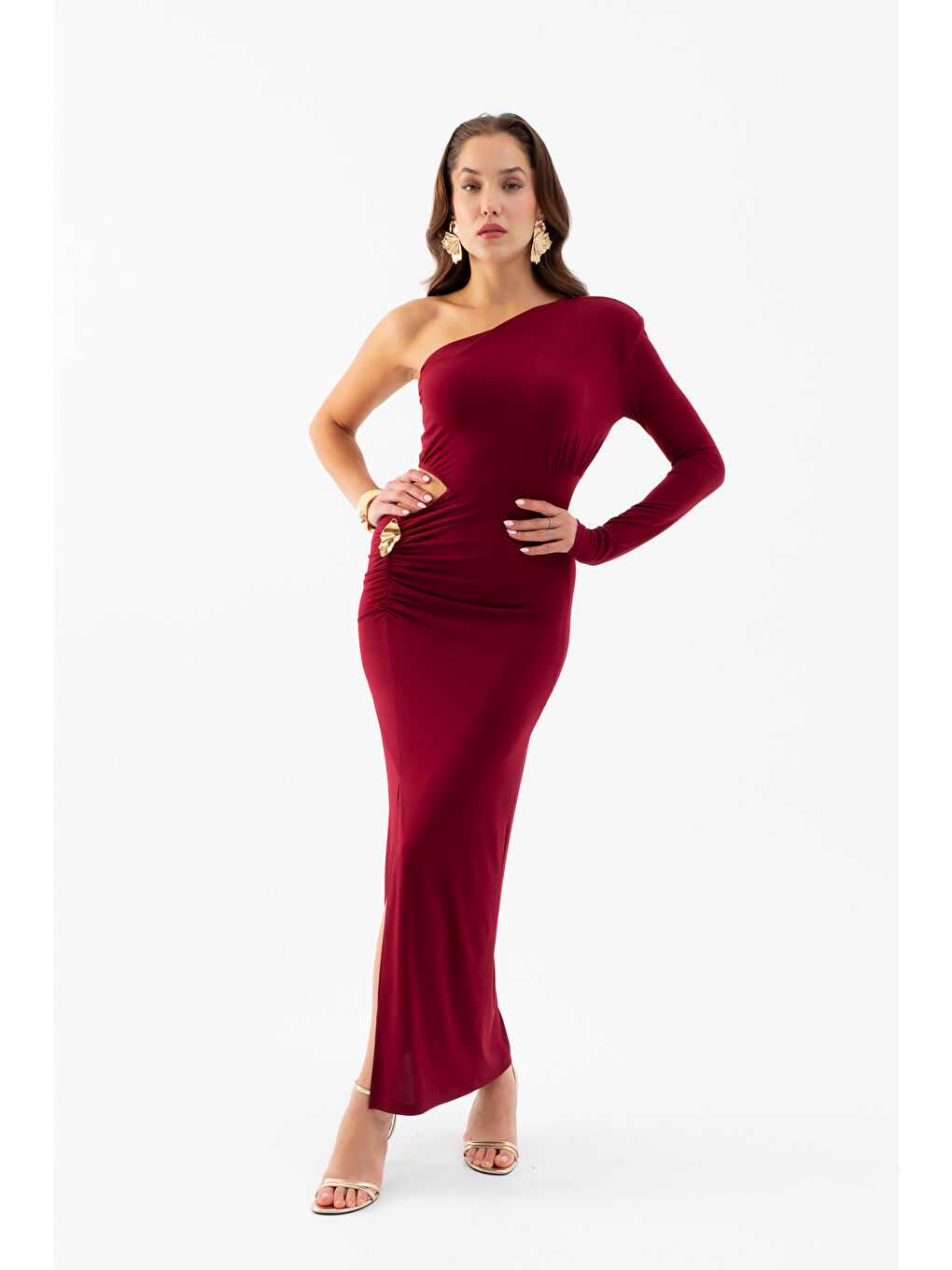 Kadın Bordo Tek Kol Bel Dekolteli Uzun Elbise-1