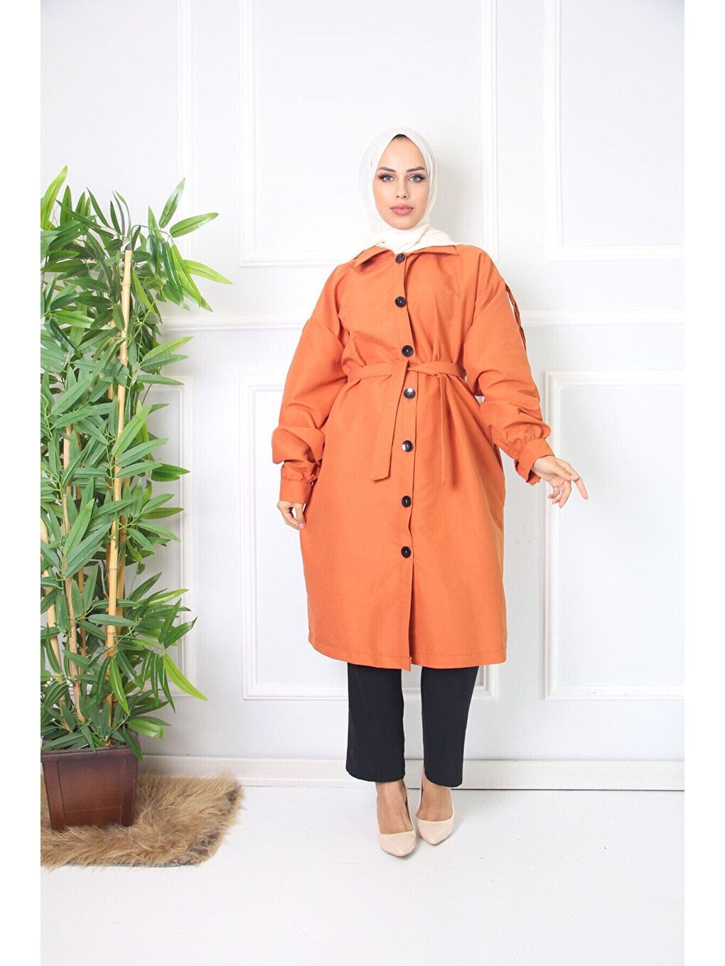 Kahverengi Kadın Astarsız Trençkot Owersize Ince Gabardin Düğmeli-2