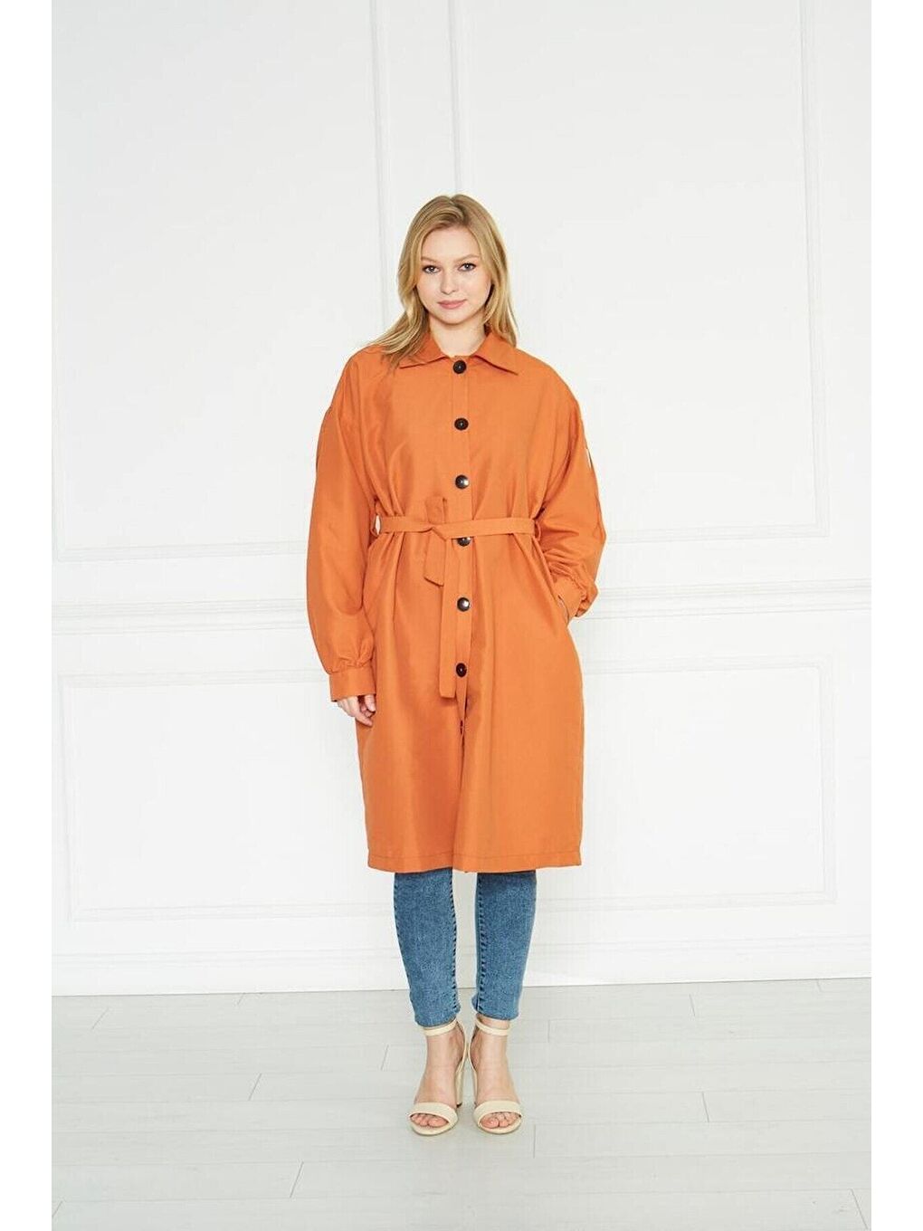 Kahverengi Kadın Astarsız Trençkot Owersize Ince Gabardin Düğmeli-3