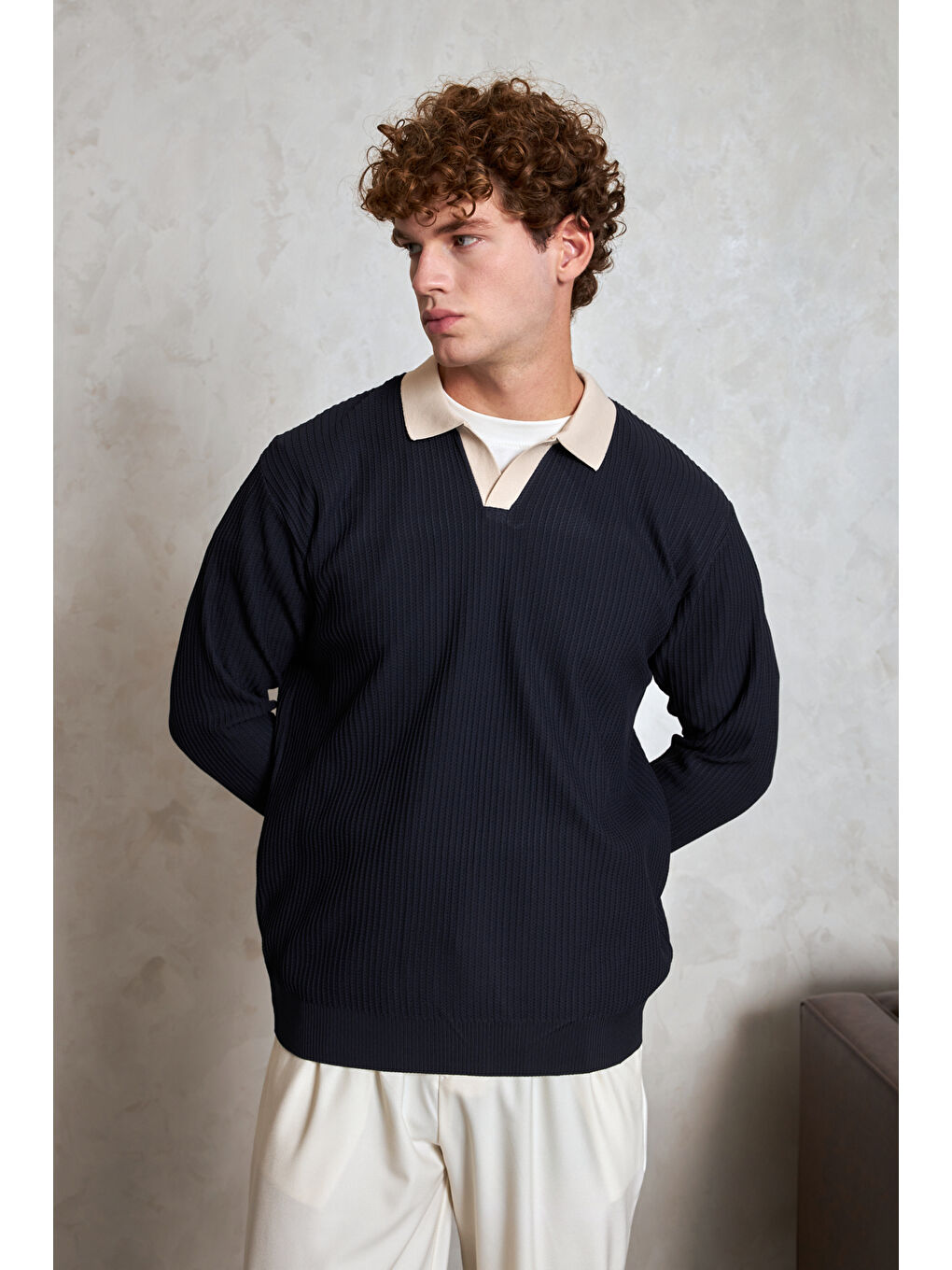 Lacivert Erkek Polo Yaka Nopeli Oversize Triko Kazak-2