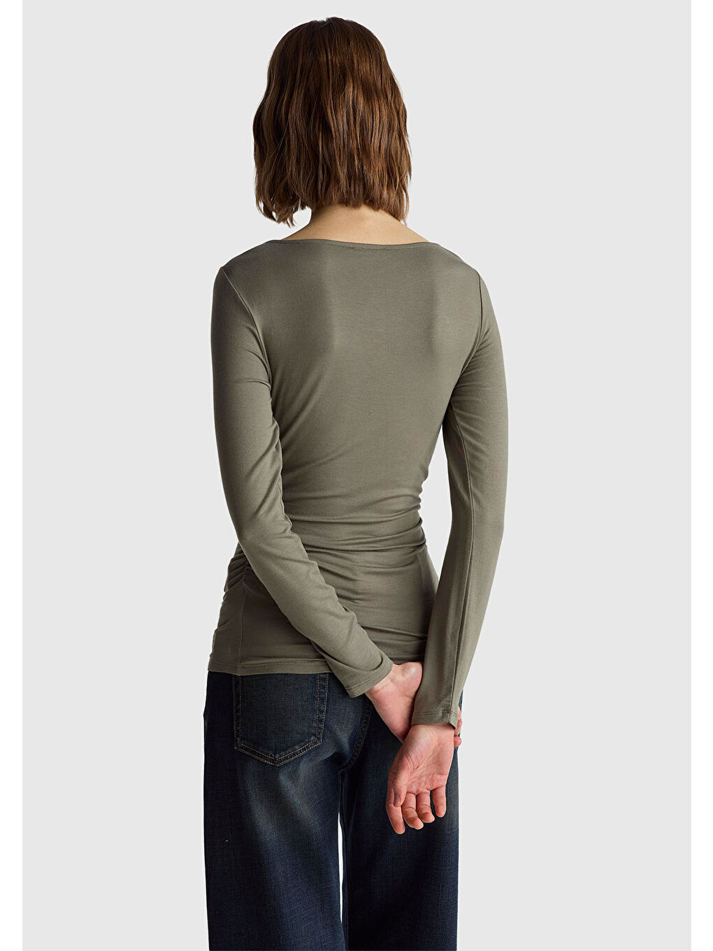 Kadın Haki Modal Karışımlı Slim Fit Kayık Yaka Uzun Kollu T-Shirt-2