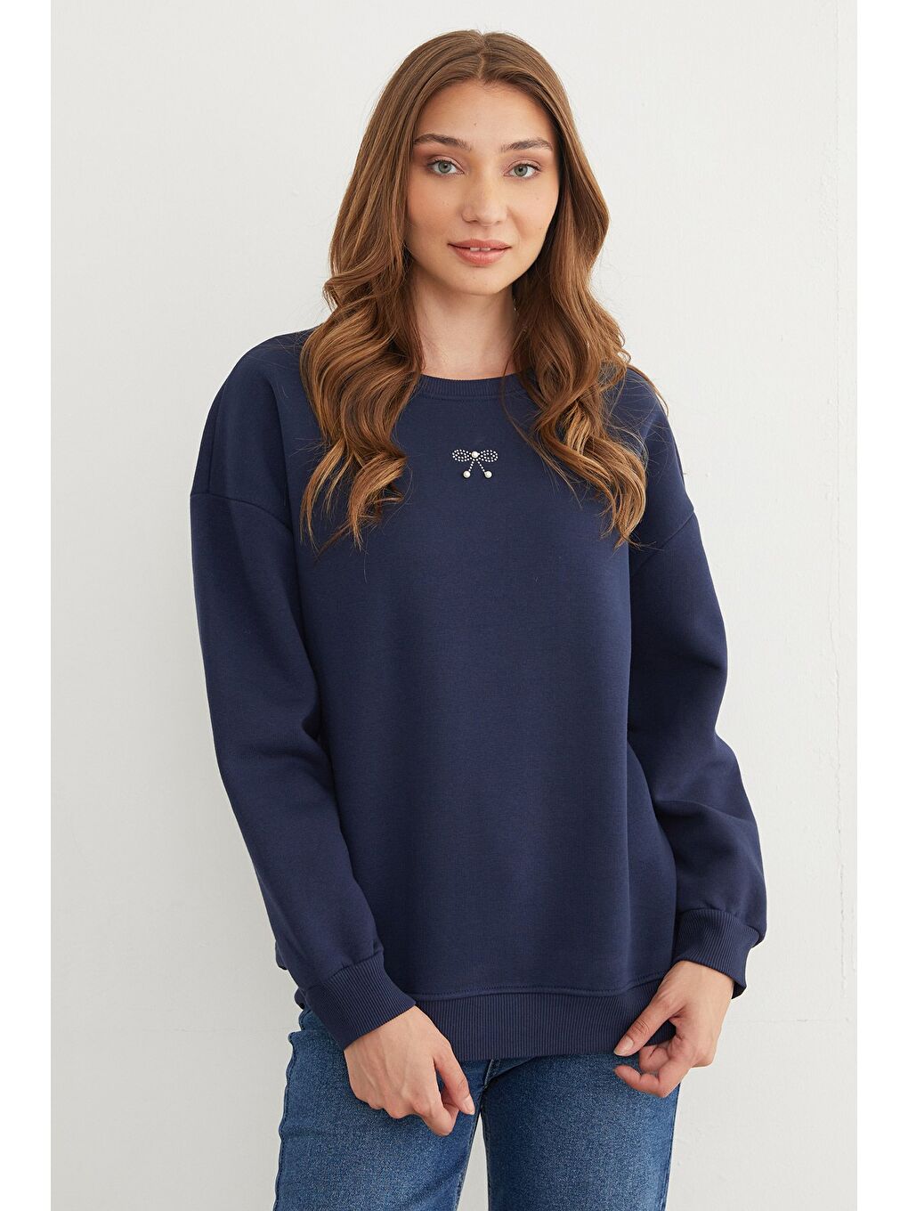 Lacivert 3 İplik Kurdele Taşlı İncili Sweatshirt