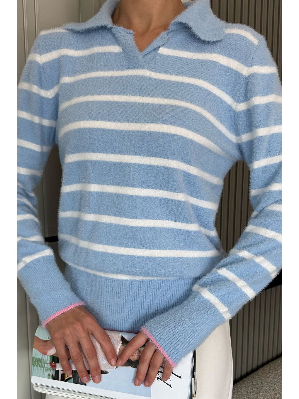 Mavi Kadın Polo Yaka Çizgi Desenli Sakallı Triko Kazak (s-m-l-xl Beden Uyumludur.)-1