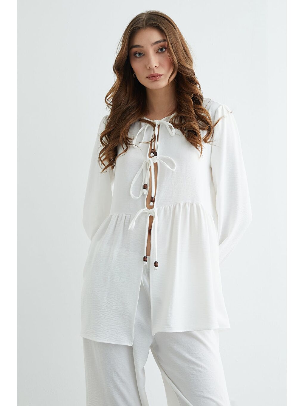 Beyaz Fullamodest Önü Bağlamalı Ayrobin Kimono 2 Li Takım-3