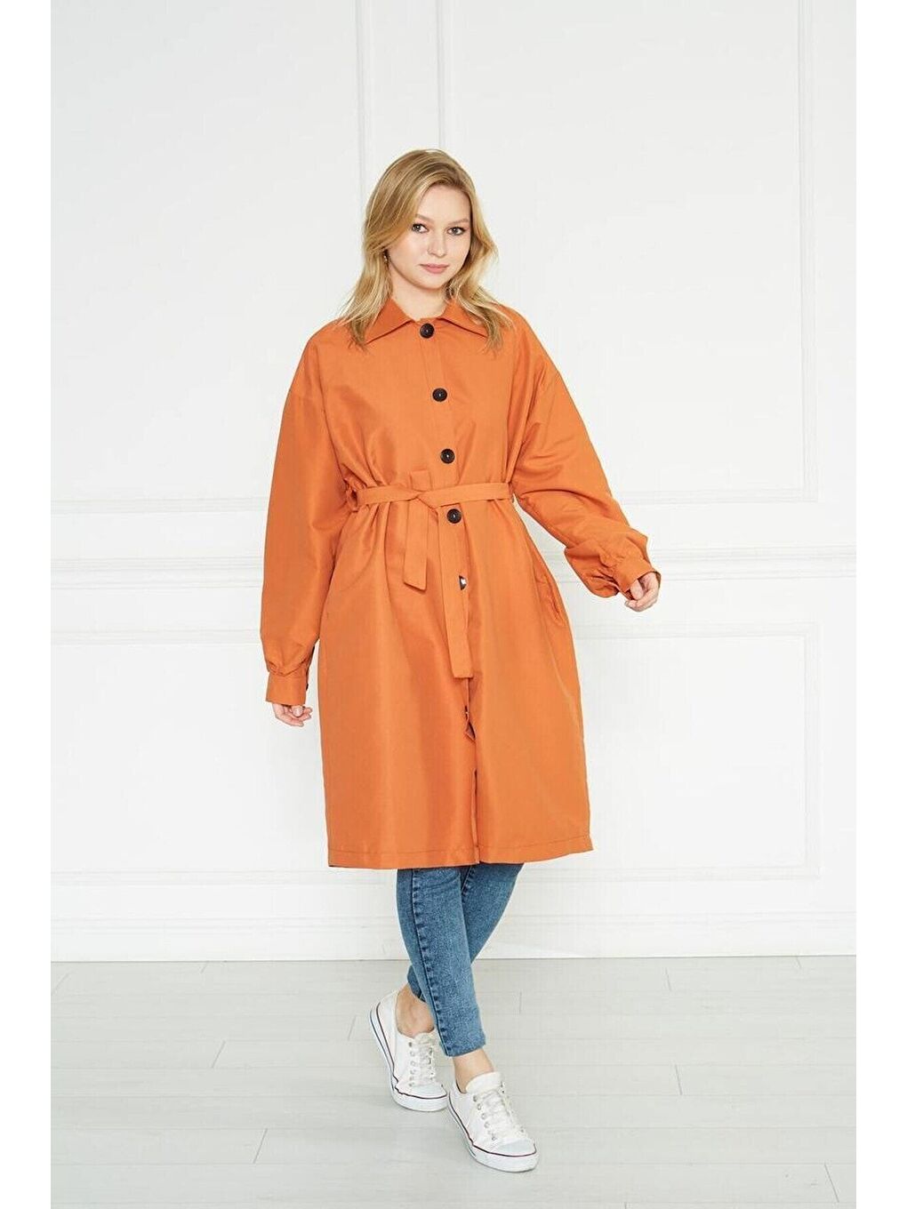 Kahverengi Kadın Astarsız Trençkot Owersize Ince Gabardin Düğmeli-4