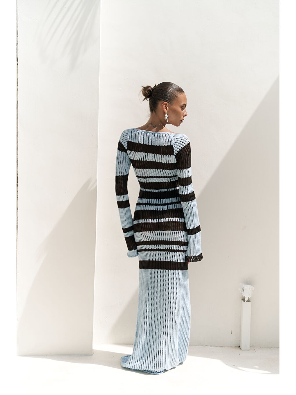 Wora Çizgili Triko Mavi Uzun Elbise-5