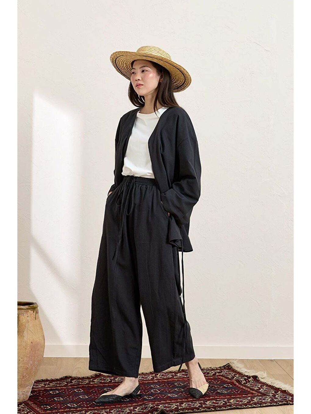 Siyah Organik Keten Şalvar Pantolon-1