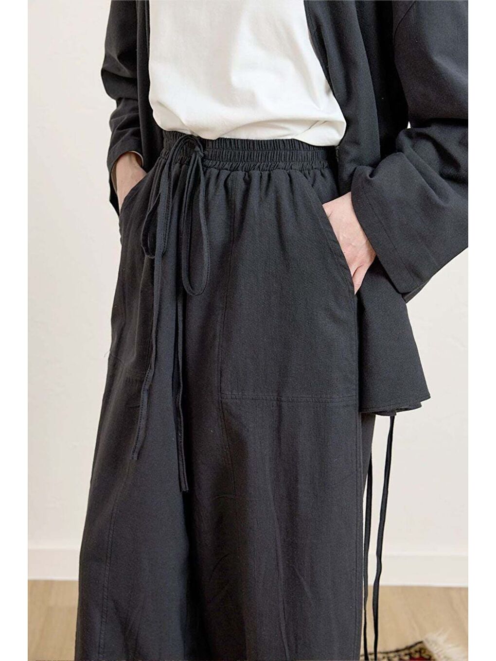 Siyah Organik Keten Şalvar Pantolon-2