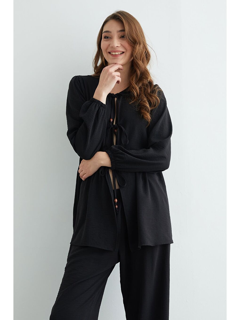 Siyah Fullamodest Önü Bağlamalı Ayrobin Kimono 2 Li Takım-4