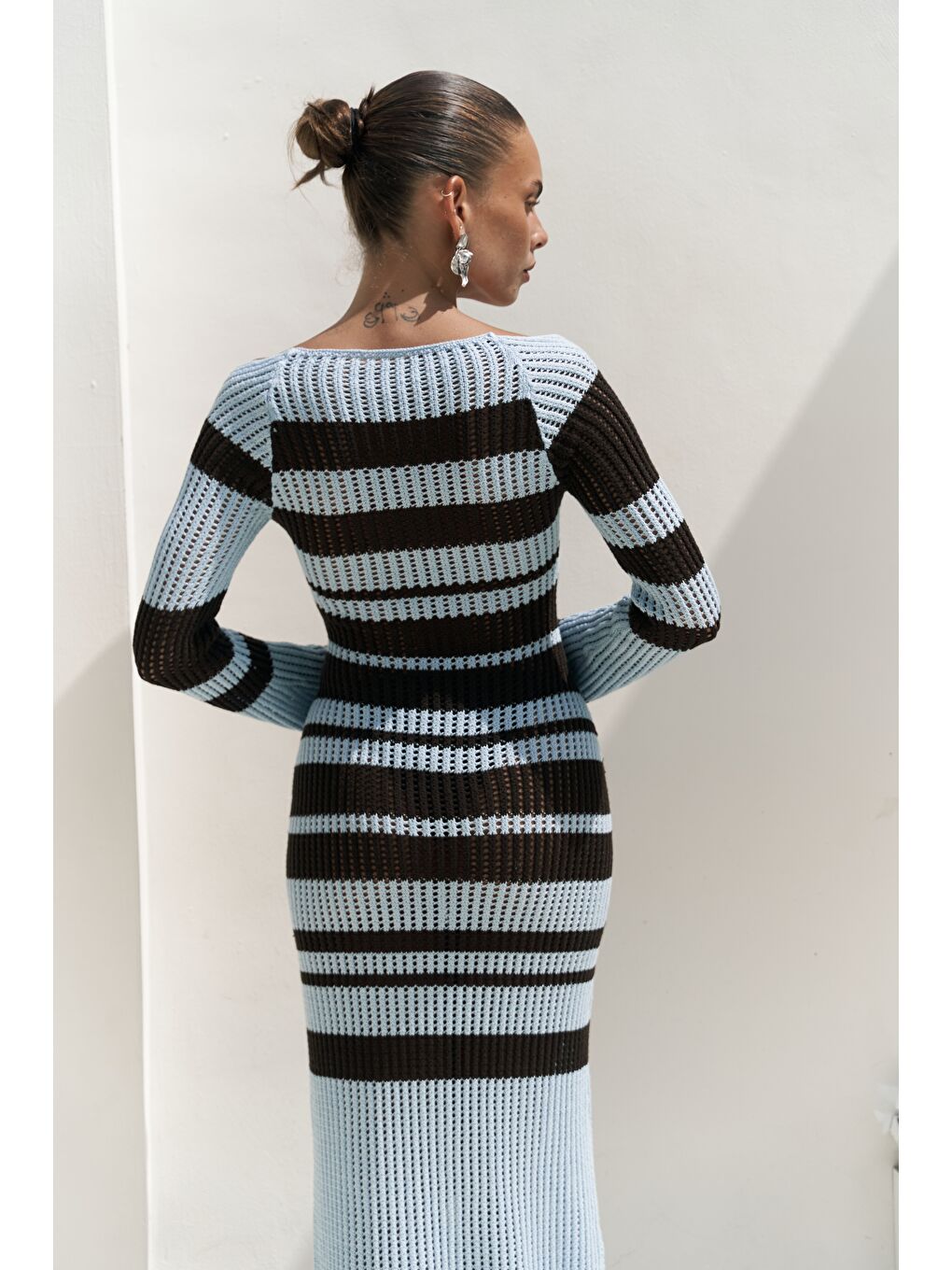 Wora Çizgili Triko Mavi Uzun Elbise-6