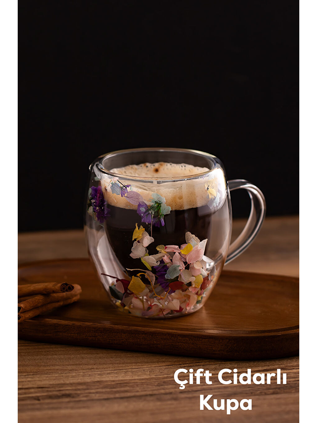 Renksiz 2090 Leafy Çift Cidarlı Cam Kupa Çay Kahve Kupası Isı Yalıtımlı Kulplu Cam Bardak 250ml