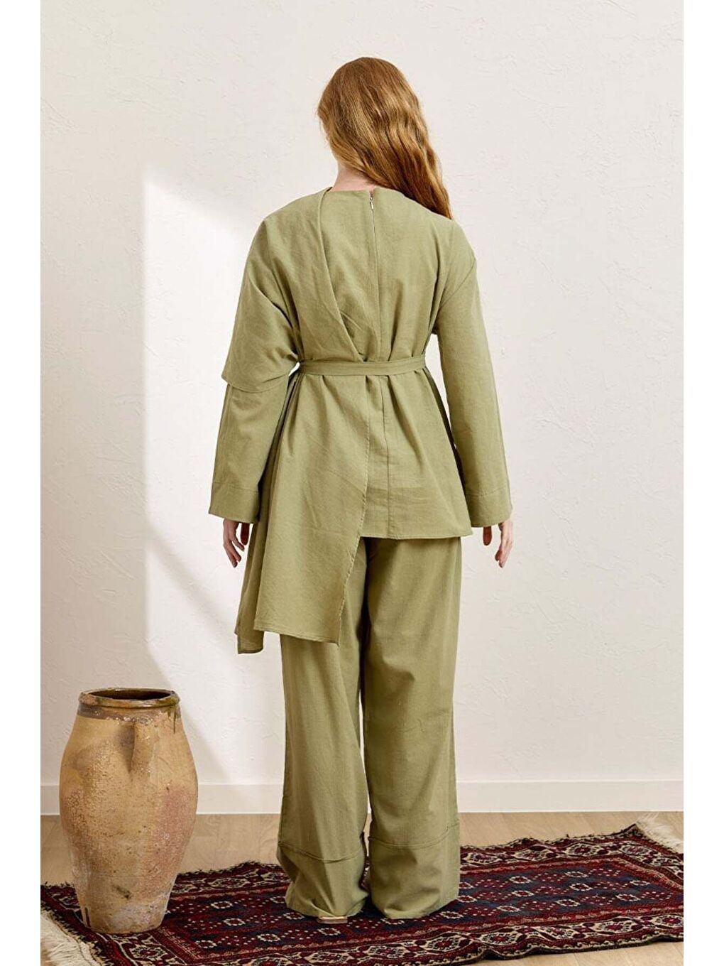 Haki Organik Keten Double Paça Pantolon-1