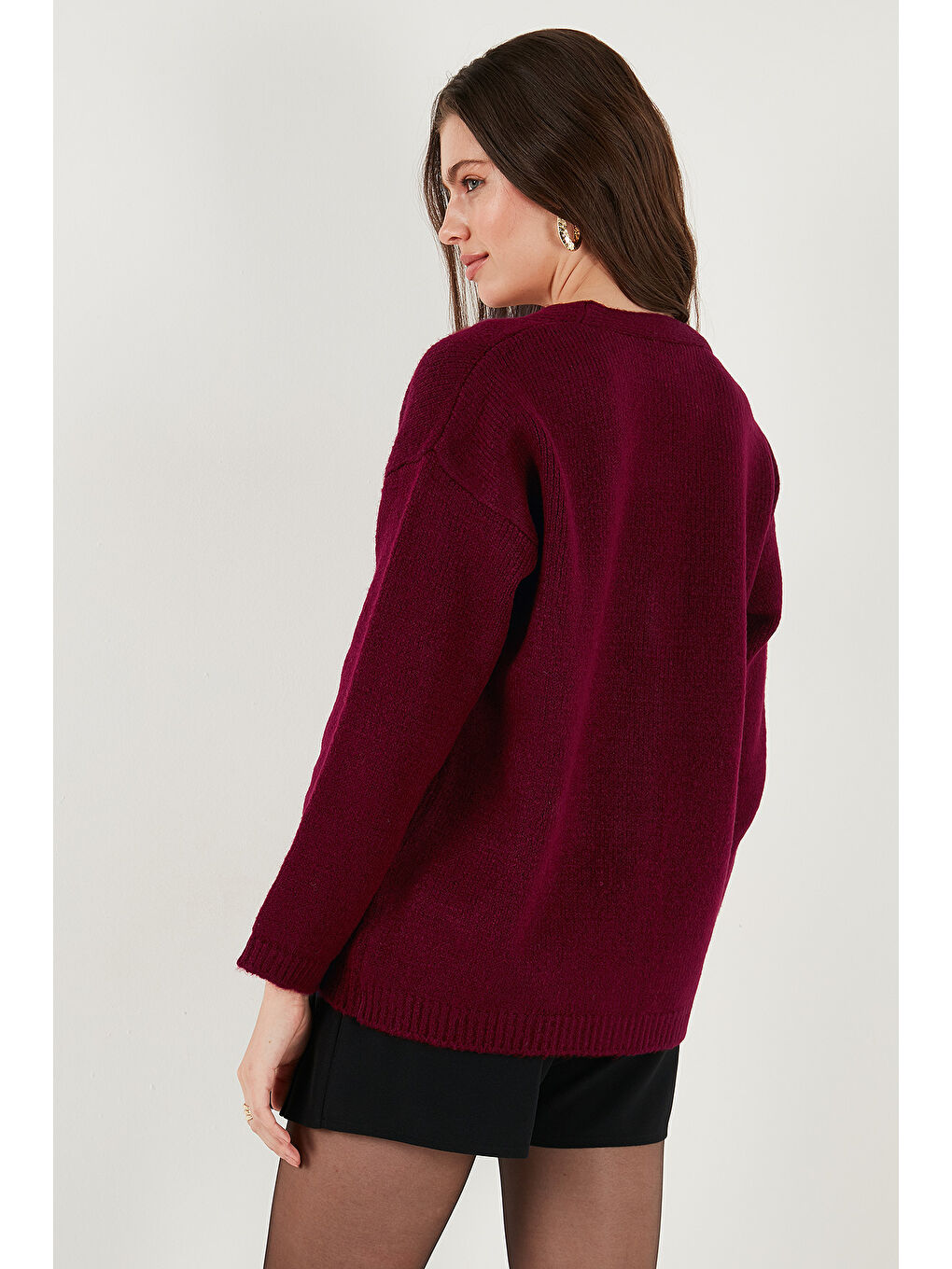 Bordo Regular Fit V Yaka Düğmeli Triko Hırka 4616229-6