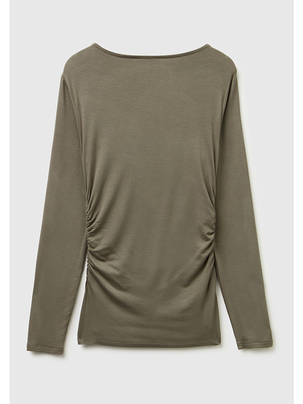 Kadın Haki Modal Karışımlı Slim Fit Kayık Yaka Uzun Kollu T-Shirt-3