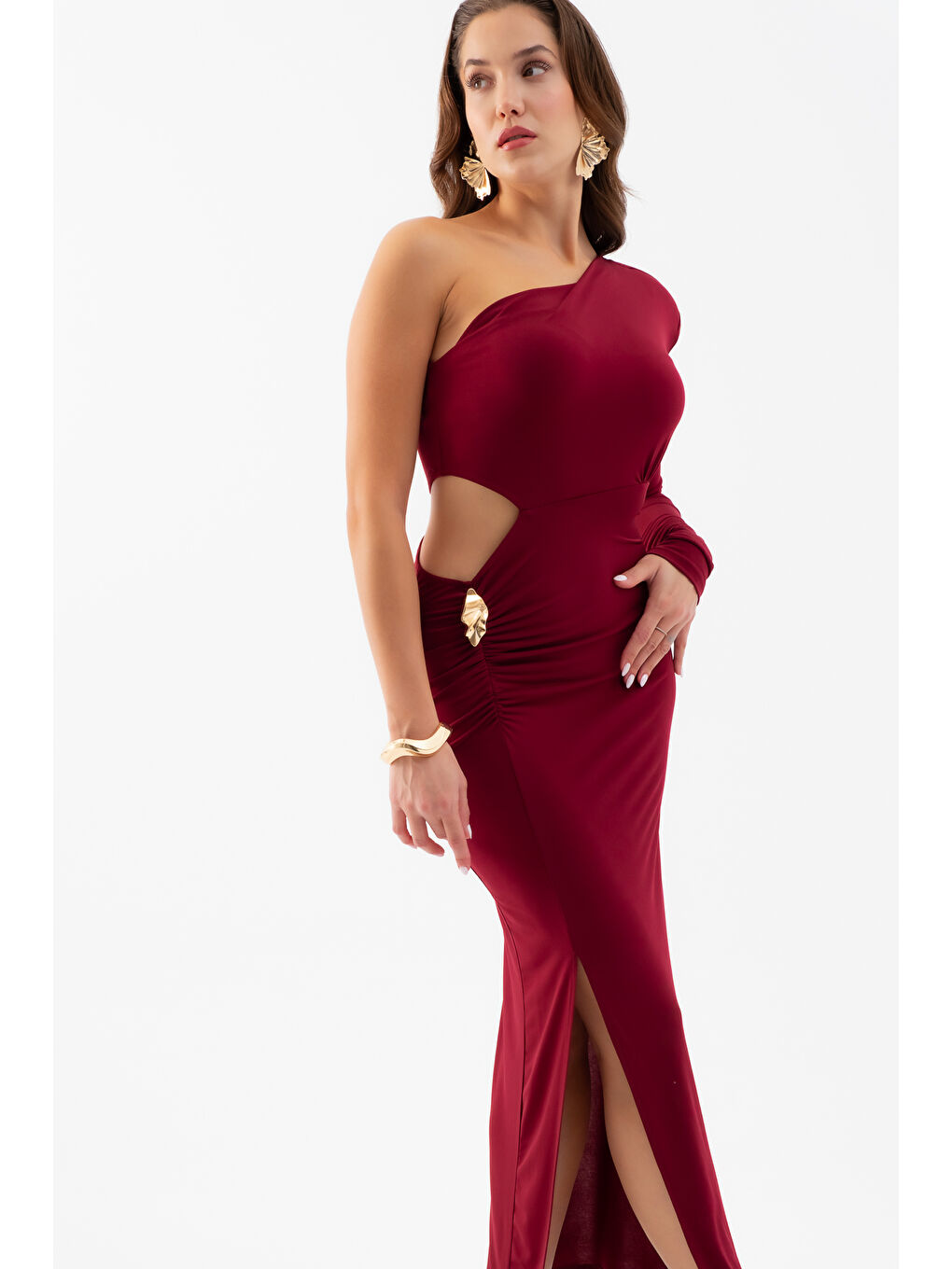 Kadın Bordo Tek Kol Bel Dekolteli Uzun Elbise-2