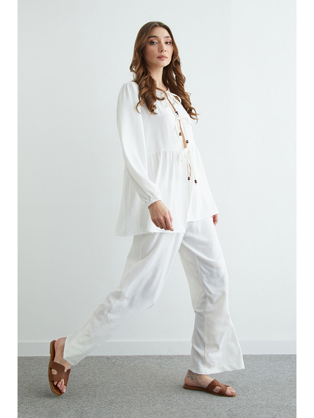 Beyaz Fullamodest Önü Bağlamalı Ayrobin Kimono 2 Li Takım-4