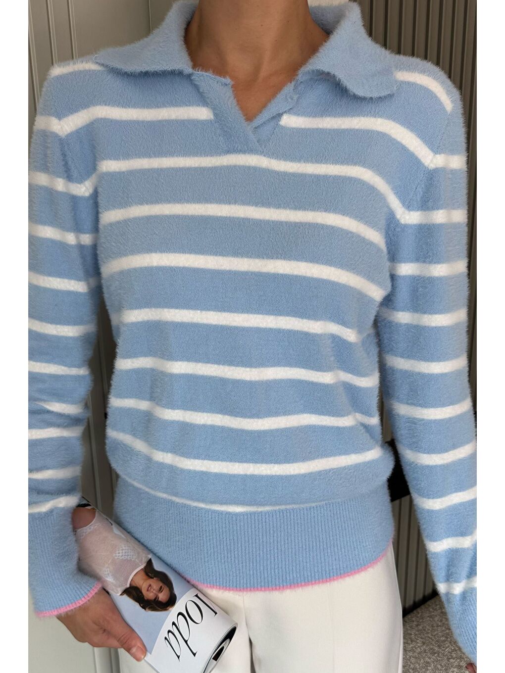 Mavi Kadın Polo Yaka Çizgi Desenli Sakallı Triko Kazak (s-m-l-xl Beden Uyumludur.)-2