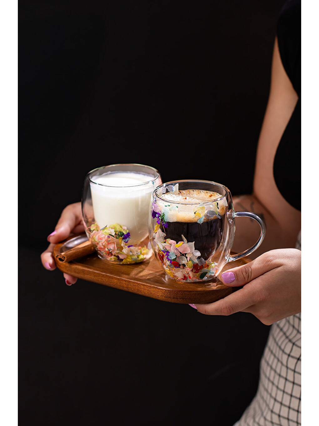 Renksiz 2090 Leafy Çift Cidarlı Cam Kupa Çay Kahve Kupası Isı Yalıtımlı Kulplu Cam Bardak 250ml-2