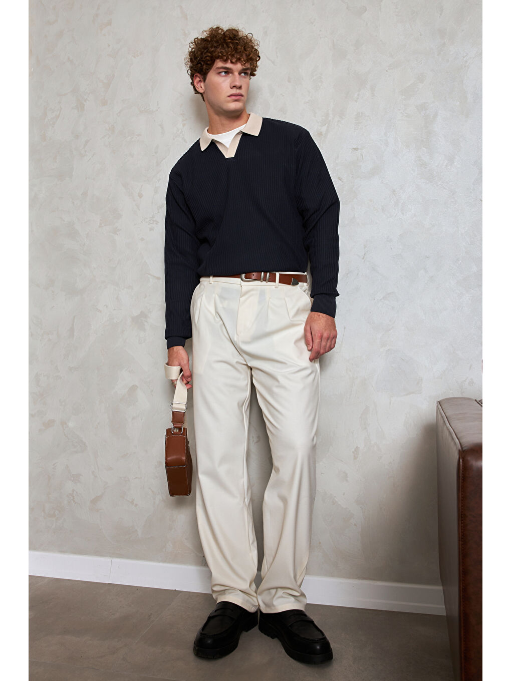 Lacivert Erkek Polo Yaka Nopeli Oversize Triko Kazak-4