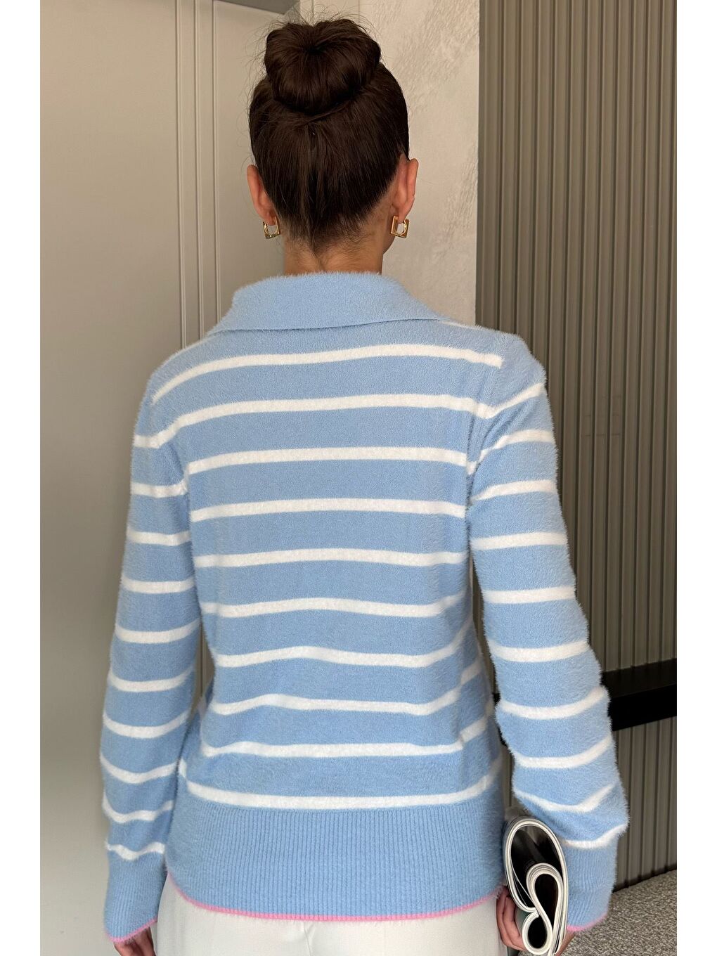 Mavi Kadın Polo Yaka Çizgi Desenli Sakallı Triko Kazak (s-m-l-xl Beden Uyumludur.)-3