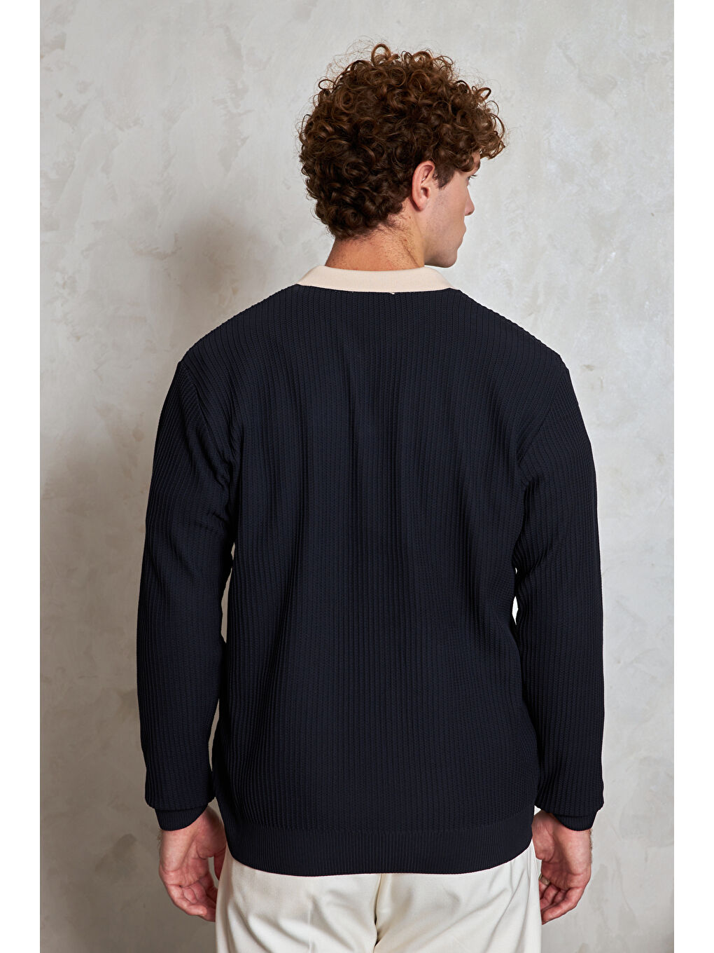 Lacivert Erkek Polo Yaka Nopeli Oversize Triko Kazak-5