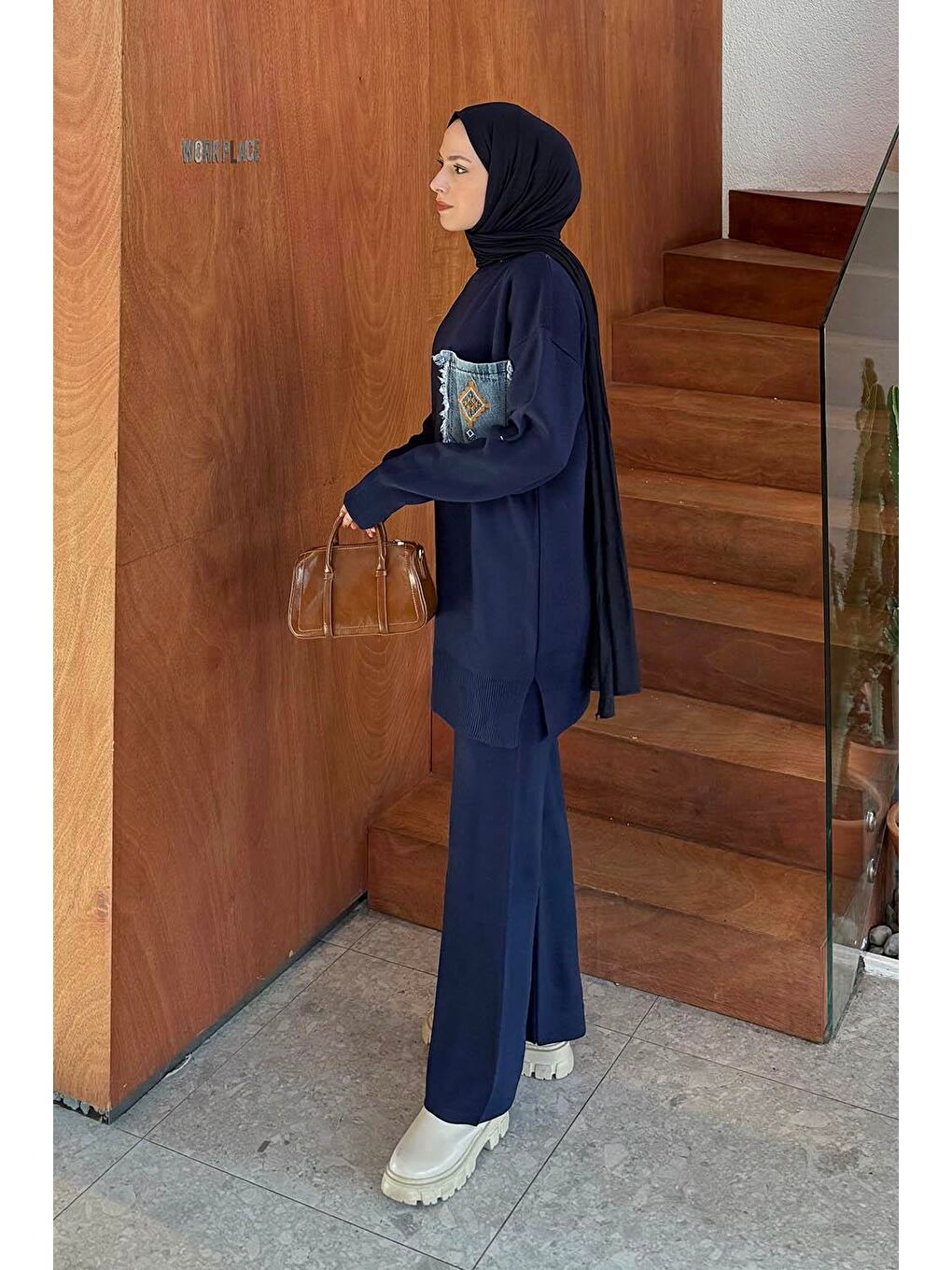 Cep Detaylı Triko Takım Lacivert-1