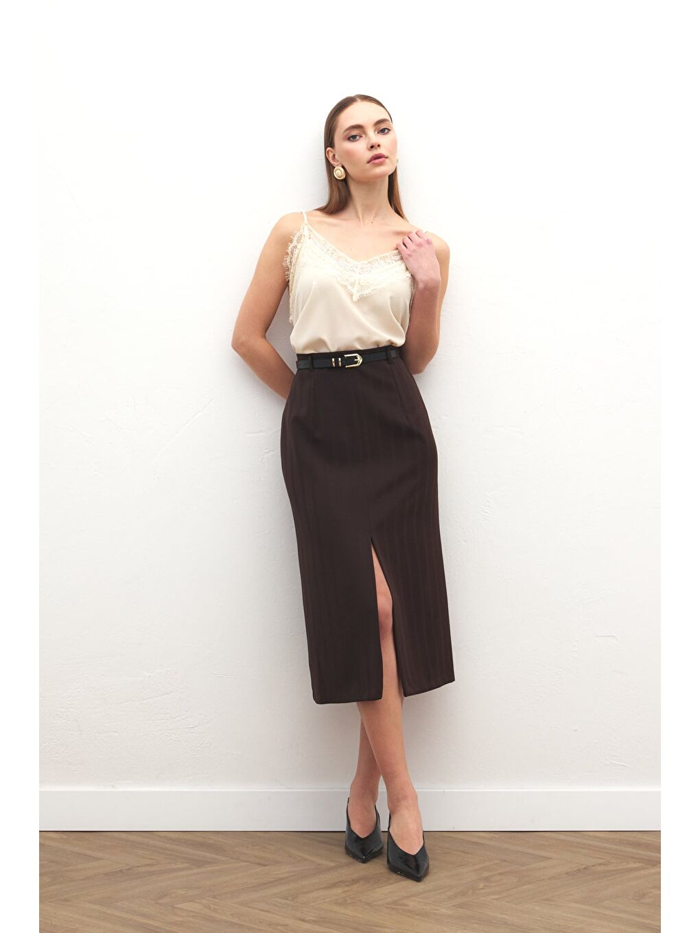 Kahverengi Anna Yırtmaçlı Etek - Kahve-1